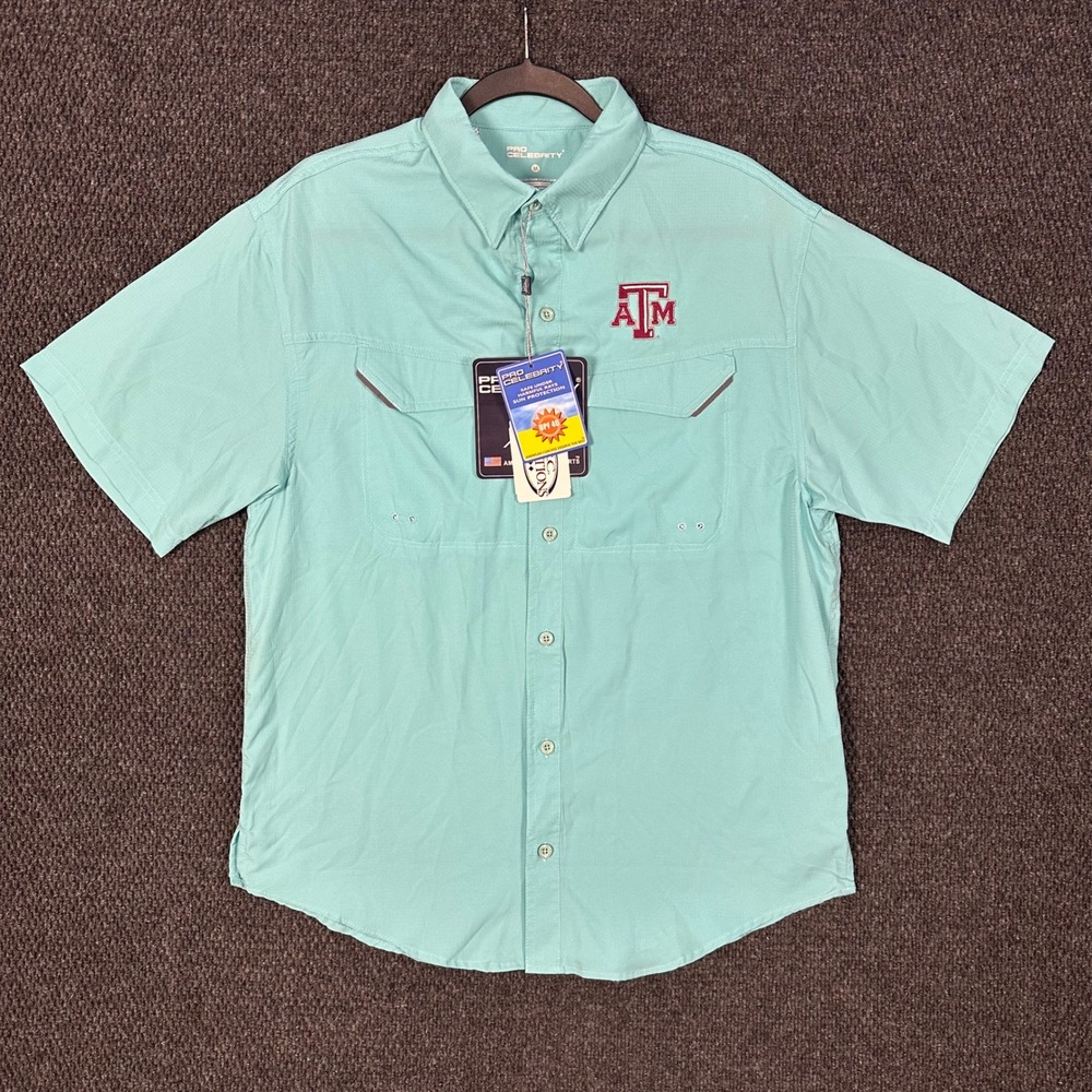 Pro Celebrity Texas A&M Fishing Shirt NWT Men M Green Aggies UPF 40 Short Sleeve